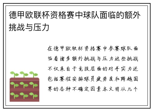 德甲欧联杯资格赛中球队面临的额外挑战与压力